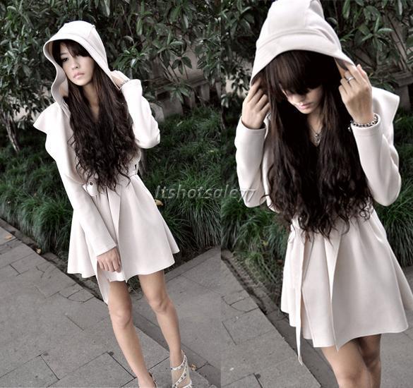 Womens Korea Hooded Trench Coat Jacket Ladies Belted Jacket Outerwear 